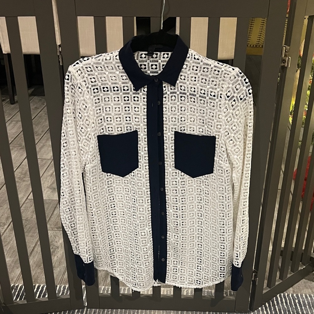 J Crew White and Navy Lace  Button down shirt size 0